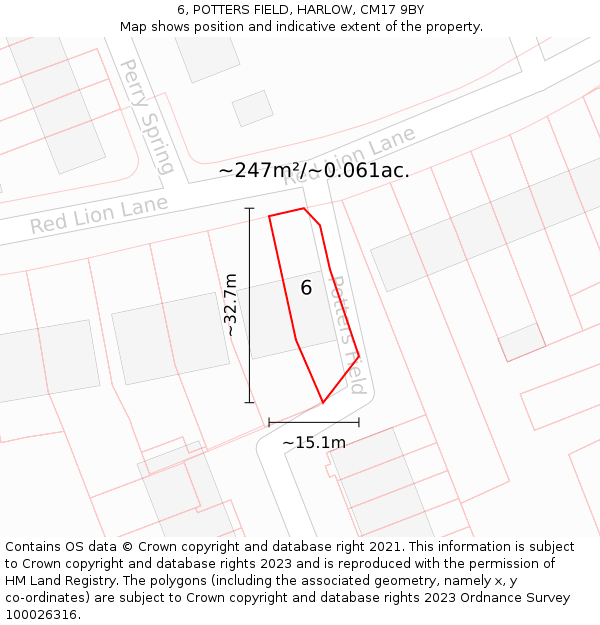 6, POTTERS FIELD, HARLOW, CM17 9BY: Plot and title map