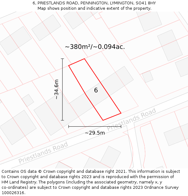 6, PRIESTLANDS ROAD, PENNINGTON, LYMINGTON, SO41 8HY: Plot and title map