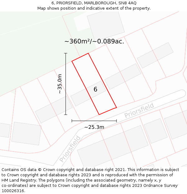 6, PRIORSFIELD, MARLBOROUGH, SN8 4AQ: Plot and title map