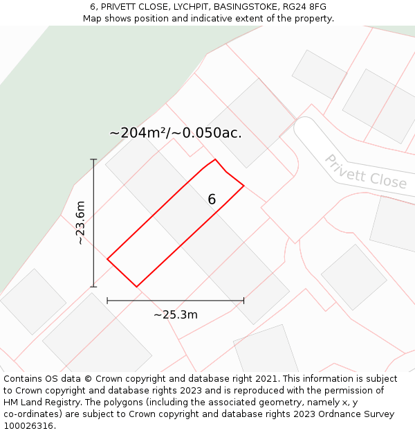 6, PRIVETT CLOSE, LYCHPIT, BASINGSTOKE, RG24 8FG: Plot and title map