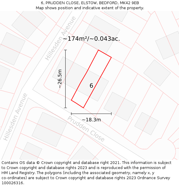 6, PRUDDEN CLOSE, ELSTOW, BEDFORD, MK42 9EB: Plot and title map