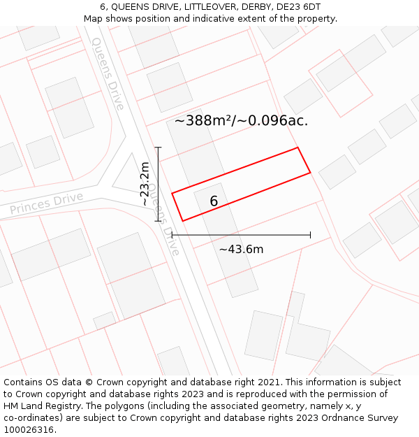 6, QUEENS DRIVE, LITTLEOVER, DERBY, DE23 6DT: Plot and title map