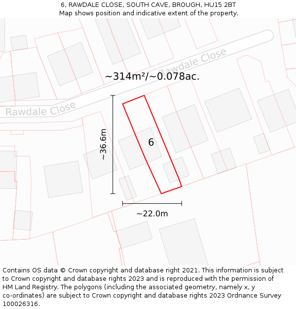 6, RAWDALE CLOSE, SOUTH CAVE, BROUGH, HU15 2BT: Plot and title map