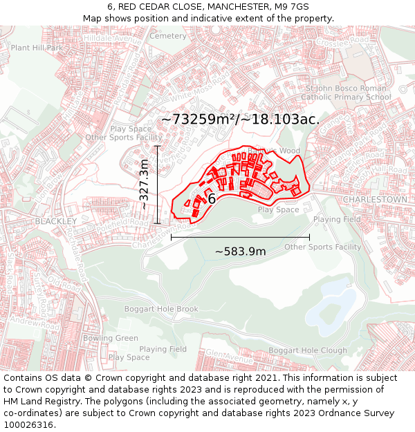 6, RED CEDAR CLOSE, MANCHESTER, M9 7GS: Plot and title map