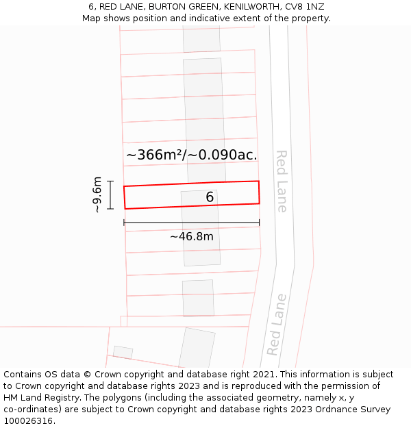 6, RED LANE, BURTON GREEN, KENILWORTH, CV8 1NZ: Plot and title map