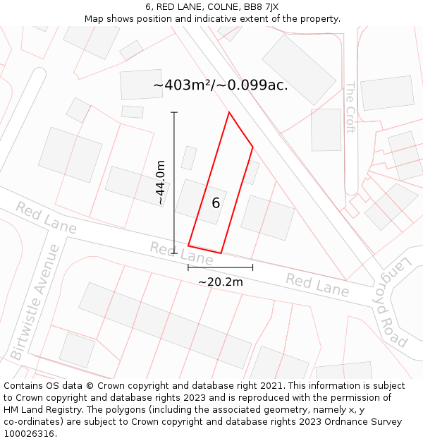 6, RED LANE, COLNE, BB8 7JX: Plot and title map