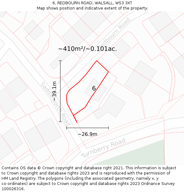 6, REDBOURN ROAD, WALSALL, WS3 3XT: Plot and title map