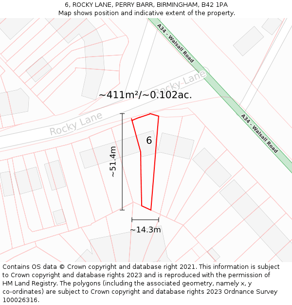 6, ROCKY LANE, PERRY BARR, BIRMINGHAM, B42 1PA: Plot and title map