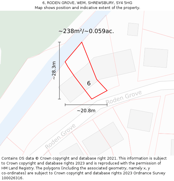 6, RODEN GROVE, WEM, SHREWSBURY, SY4 5HG: Plot and title map