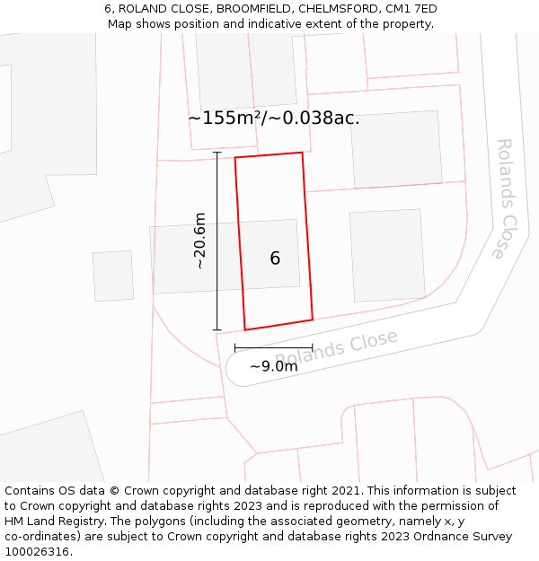 6, ROLAND CLOSE, BROOMFIELD, CHELMSFORD, CM1 7ED: Plot and title map