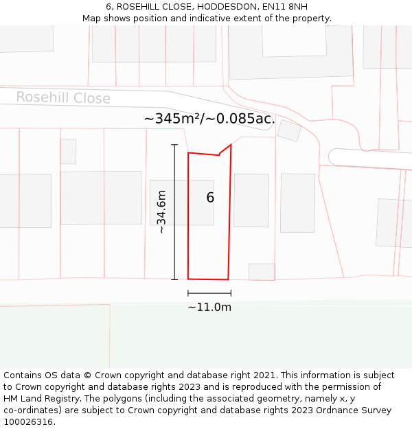 6, ROSEHILL CLOSE, HODDESDON, EN11 8NH: Plot and title map