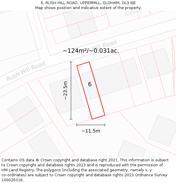 6, RUSH HILL ROAD, UPPERMILL, OLDHAM, OL3 6JE: Plot and title map