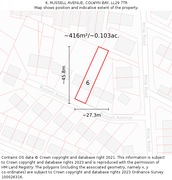 6, RUSSELL AVENUE, COLWYN BAY, LL29 7TR: Plot and title map