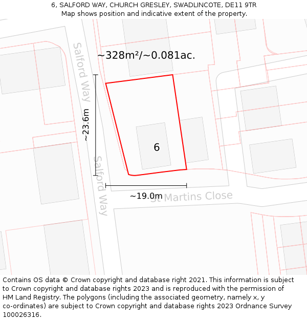 6, SALFORD WAY, CHURCH GRESLEY, SWADLINCOTE, DE11 9TR: Plot and title map