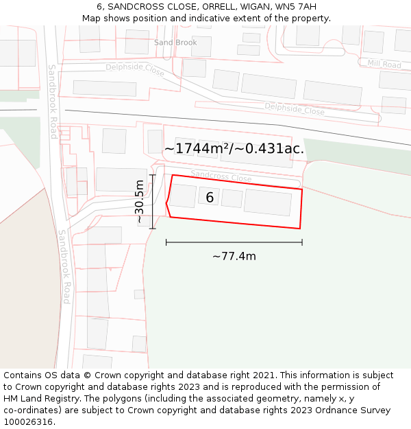 6, SANDCROSS CLOSE, ORRELL, WIGAN, WN5 7AH: Plot and title map