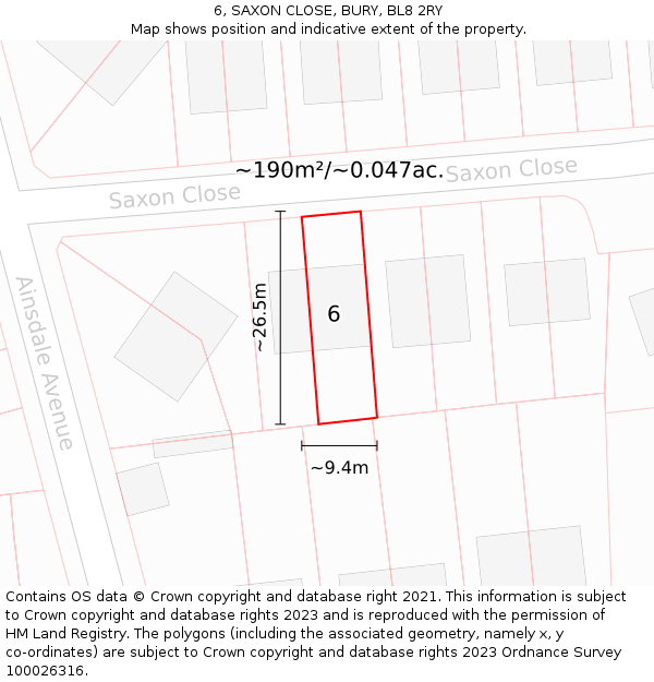 6, SAXON CLOSE, BURY, BL8 2RY: Plot and title map