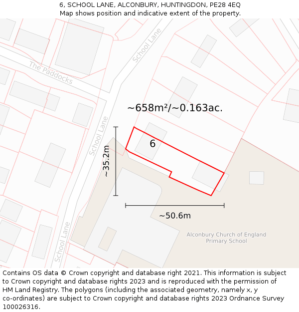 6, SCHOOL LANE, ALCONBURY, HUNTINGDON, PE28 4EQ: Plot and title map