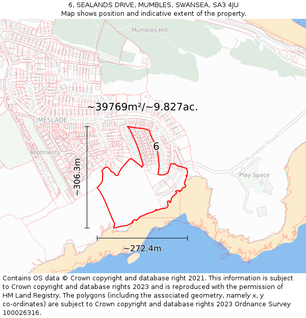 6, SEALANDS DRIVE, MUMBLES, SWANSEA, SA3 4JU: Plot and title map