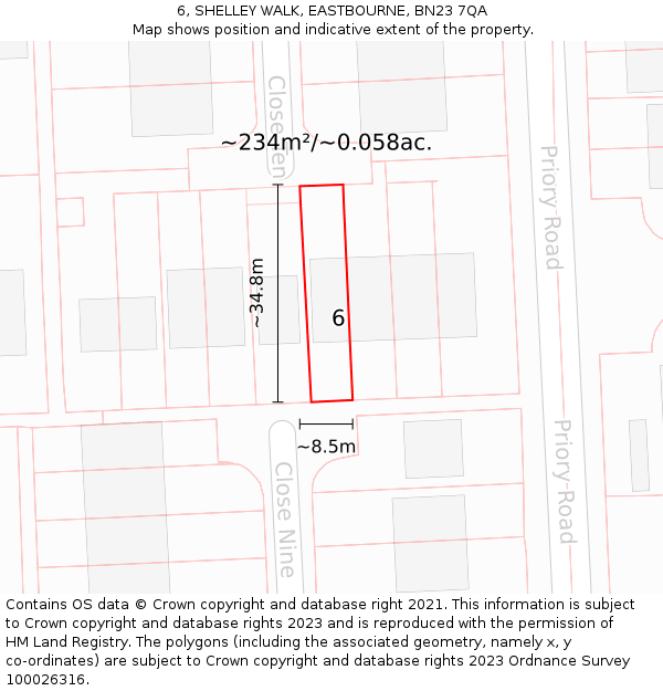 6, SHELLEY WALK, EASTBOURNE, BN23 7QA: Plot and title map