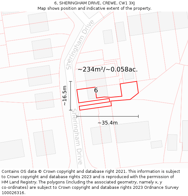 6, SHERINGHAM DRIVE, CREWE, CW1 3XJ: Plot and title map