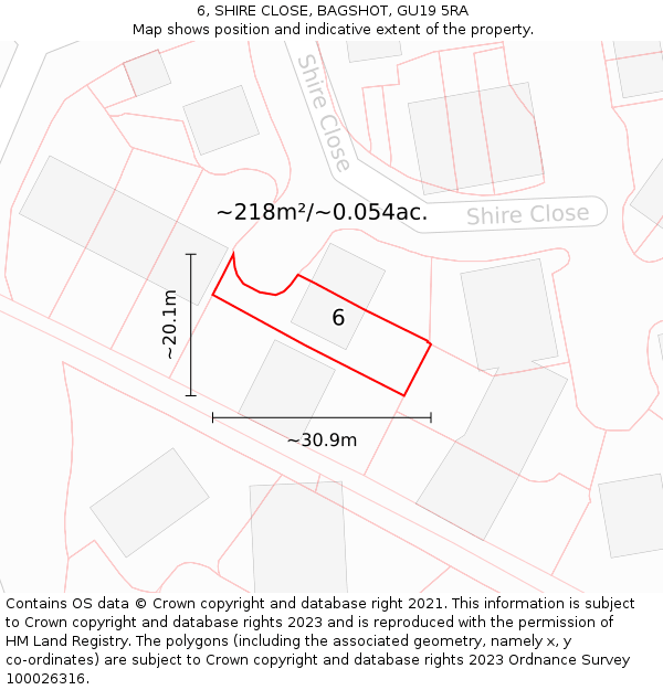 6, SHIRE CLOSE, BAGSHOT, GU19 5RA: Plot and title map