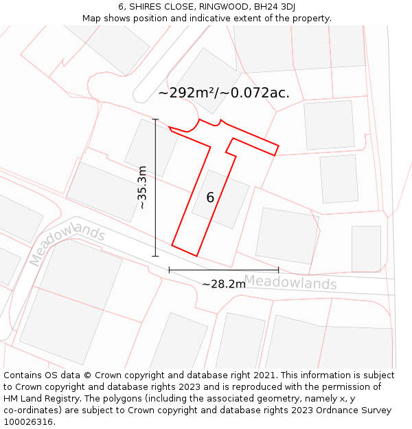 6, SHIRES CLOSE, RINGWOOD, BH24 3DJ: Plot and title map