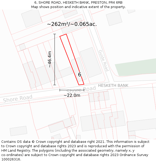 6, SHORE ROAD, HESKETH BANK, PRESTON, PR4 6RB: Plot and title map