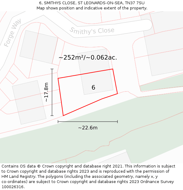 6, SMITHYS CLOSE, ST LEONARDS-ON-SEA, TN37 7SU: Plot and title map