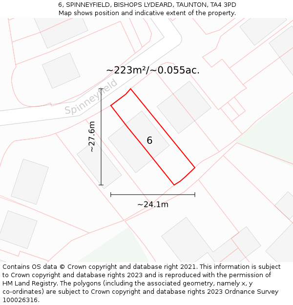 6, SPINNEYFIELD, BISHOPS LYDEARD, TAUNTON, TA4 3PD: Plot and title map