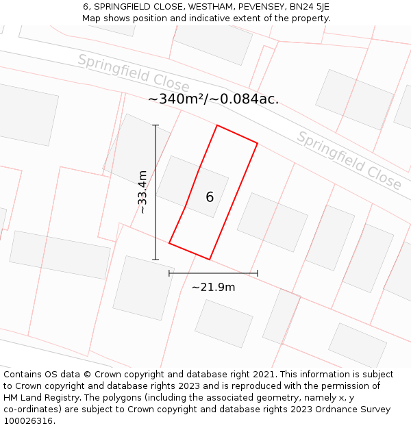 6, SPRINGFIELD CLOSE, WESTHAM, PEVENSEY, BN24 5JE: Plot and title map