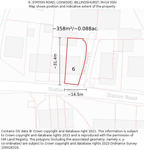 6, STATION ROAD, LOXWOOD, BILLINGSHURST, RH14 0SN: Plot and title map