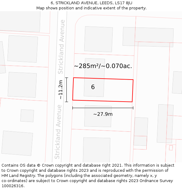 6, STRICKLAND AVENUE, LEEDS, LS17 8JU: Plot and title map