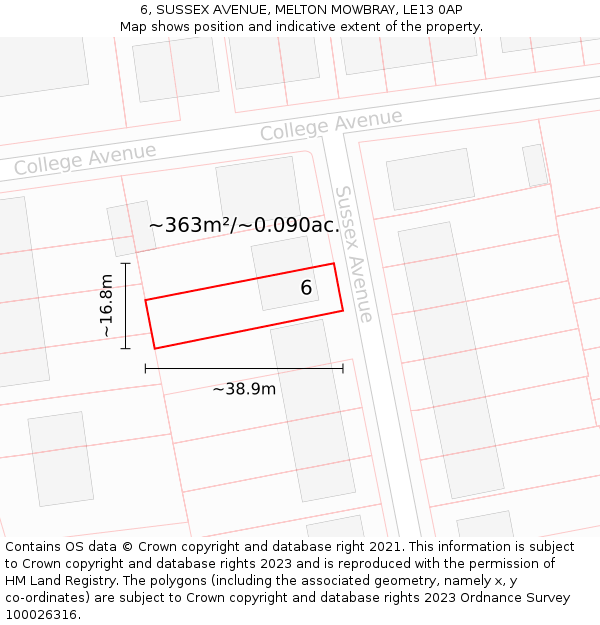 6, SUSSEX AVENUE, MELTON MOWBRAY, LE13 0AP: Plot and title map
