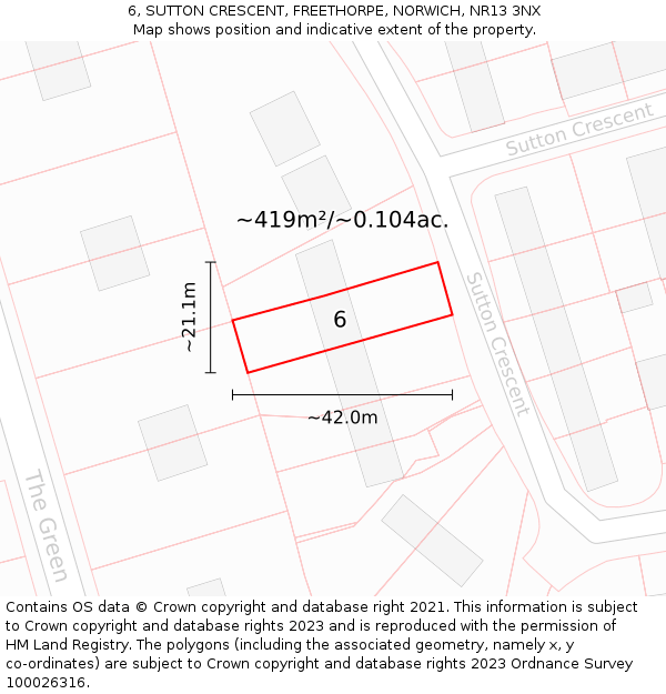 6, SUTTON CRESCENT, FREETHORPE, NORWICH, NR13 3NX: Plot and title map