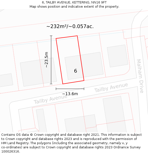 6, TAILBY AVENUE, KETTERING, NN16 9FT: Plot and title map