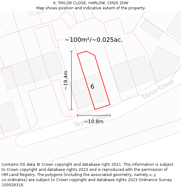 6, TAYLOR CLOSE, HARLOW, CM20 2NW: Plot and title map