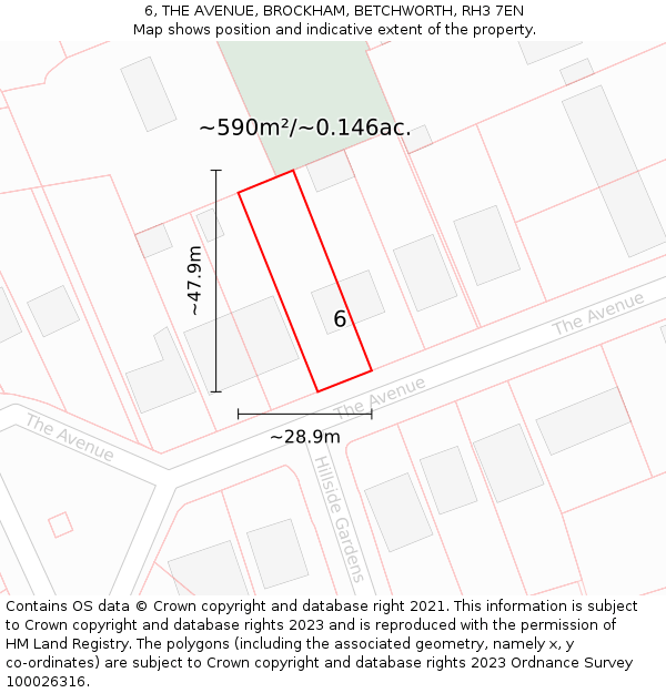 6, THE AVENUE, BROCKHAM, BETCHWORTH, RH3 7EN: Plot and title map