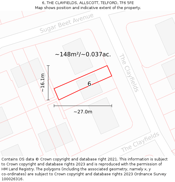 6, THE CLAYFIELDS, ALLSCOTT, TELFORD, TF6 5FE: Plot and title map