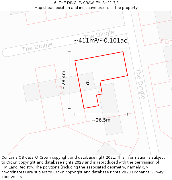 6, THE DINGLE, CRAWLEY, RH11 7JE: Plot and title map