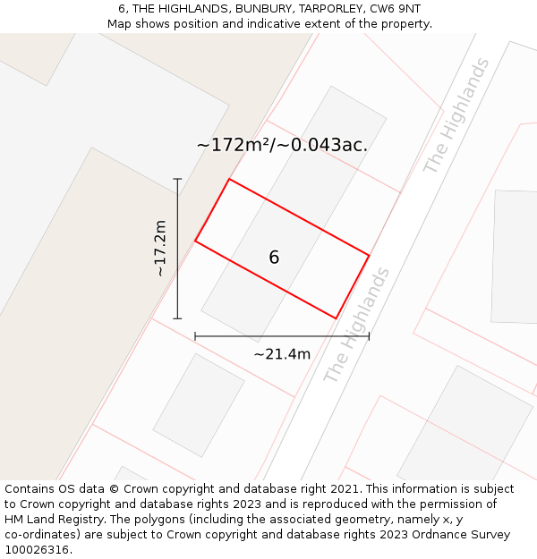 6, THE HIGHLANDS, BUNBURY, TARPORLEY, CW6 9NT: Plot and title map