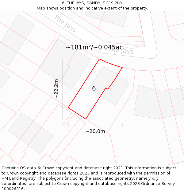 6, THE JAYS, SANDY, SG19 2UY: Plot and title map