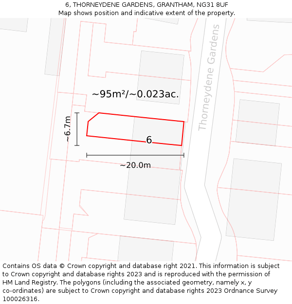 6, THORNEYDENE GARDENS, GRANTHAM, NG31 8UF: Plot and title map