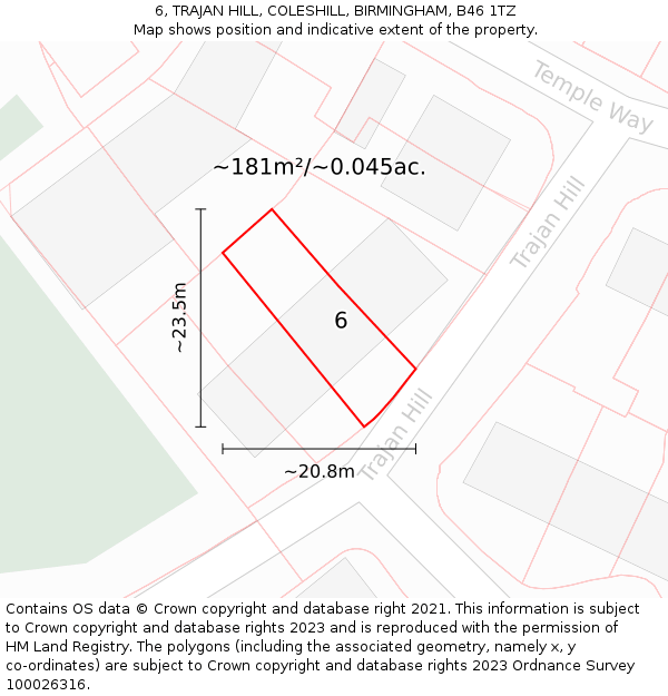 6, TRAJAN HILL, COLESHILL, BIRMINGHAM, B46 1TZ: Plot and title map