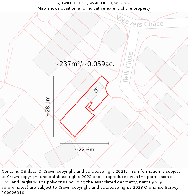 6, TWILL CLOSE, WAKEFIELD, WF2 9UD: Plot and title map