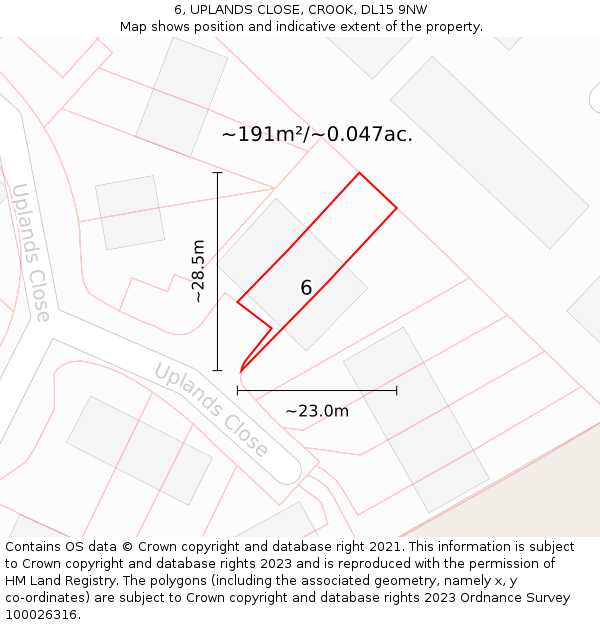 6, UPLANDS CLOSE, CROOK, DL15 9NW: Plot and title map