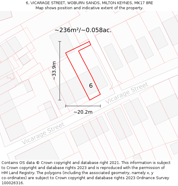 6, VICARAGE STREET, WOBURN SANDS, MILTON KEYNES, MK17 8RE: Plot and title map