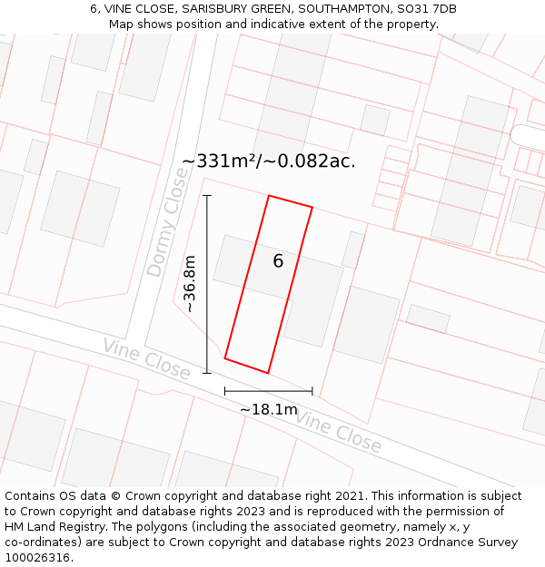 6, VINE CLOSE, SARISBURY GREEN, SOUTHAMPTON, SO31 7DB: Plot and title map