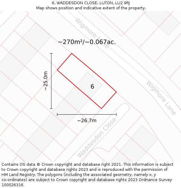 6, WADDESDON CLOSE, LUTON, LU2 9RJ: Plot and title map