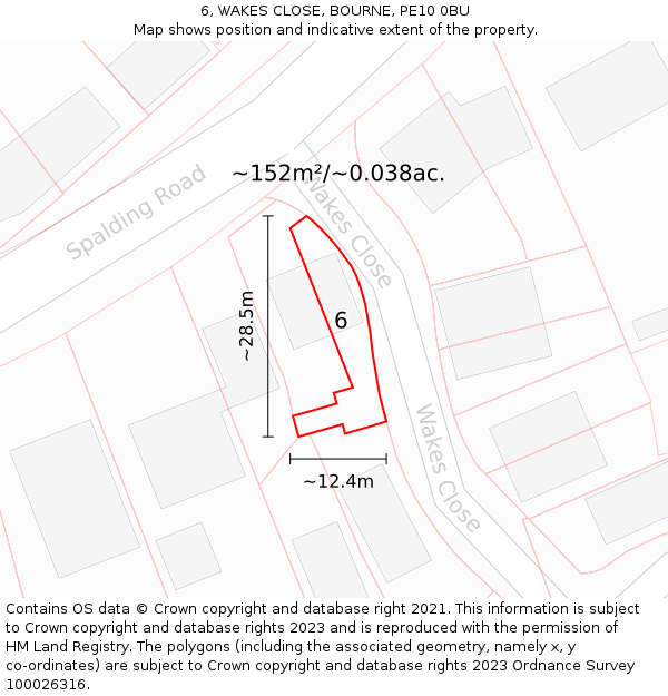 6, WAKES CLOSE, BOURNE, PE10 0BU: Plot and title map