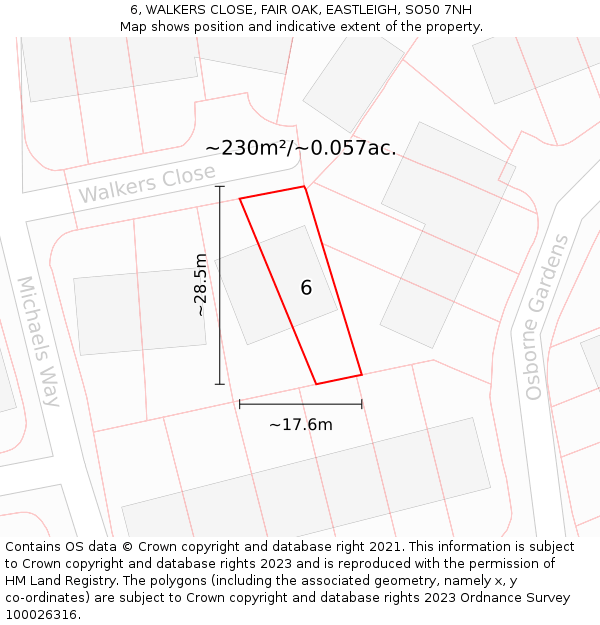 6, WALKERS CLOSE, FAIR OAK, EASTLEIGH, SO50 7NH: Plot and title map